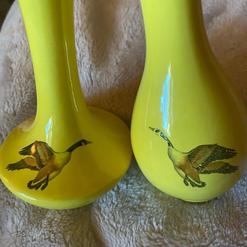Vintage pair Yellow Ceramic Vases with Goose Design